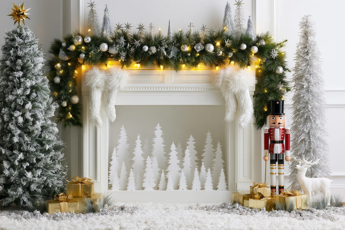 Elegant Christmas Backdrop Silver Frost Mantel Display Studio Christmas Backdrops UK RR69-81