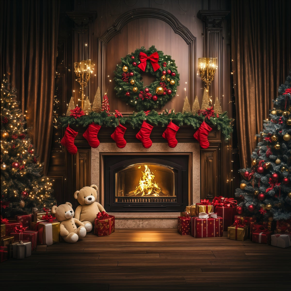 Cozy Christmas Backdrop Vintage Fireplace Stocking Indoor Christmas Backdrops UK RR69-85