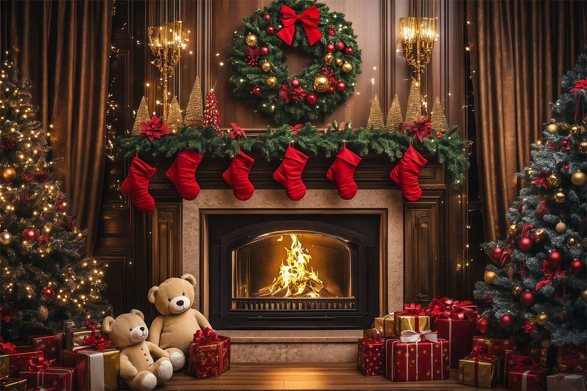 Cozy Christmas Backdrop Vintage Fireplace Stocking Indoor Christmas Backdrops UK RR69-85