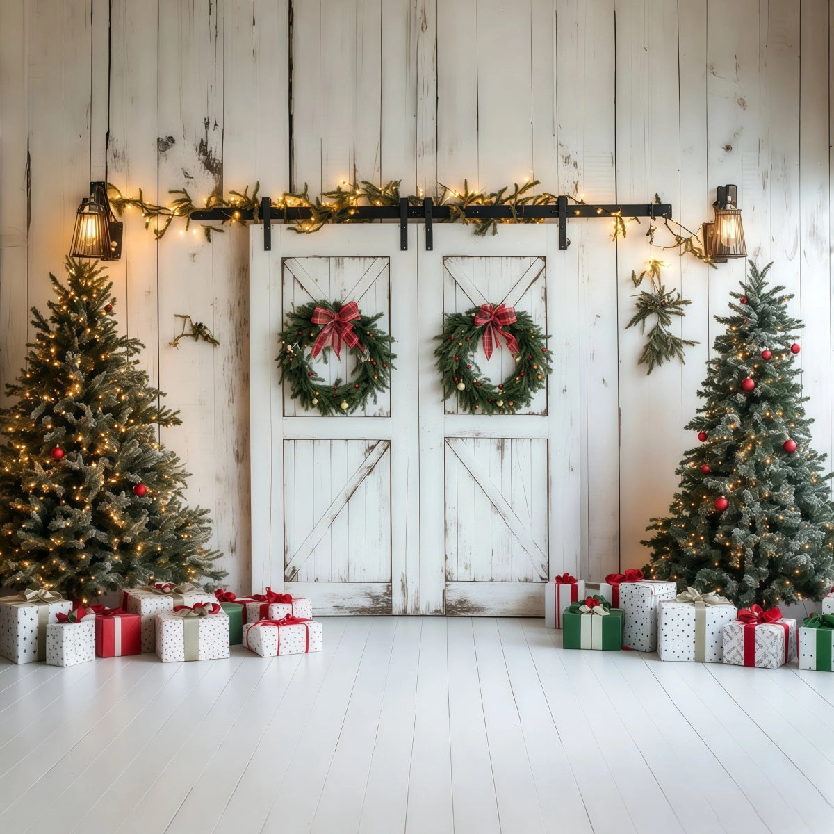 Christmas Barn Door Backdrop Rustic White Wooden Wall Wall Backdrop Christmas UK RR69-87
