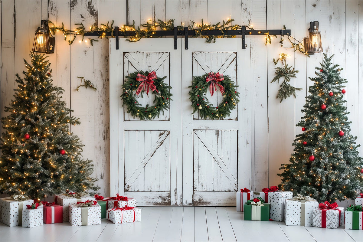 Christmas Barn Door Backdrop Rustic White Wooden Wall Wall Backdrop Christmas UK RR69-87