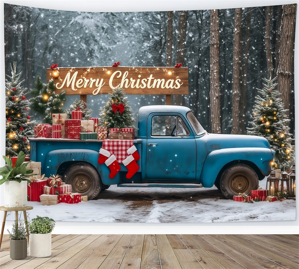 Christmas Forest Backdrop Blue Vintage Gift Truck Photographic Backdrops Christmas UK RR69-90