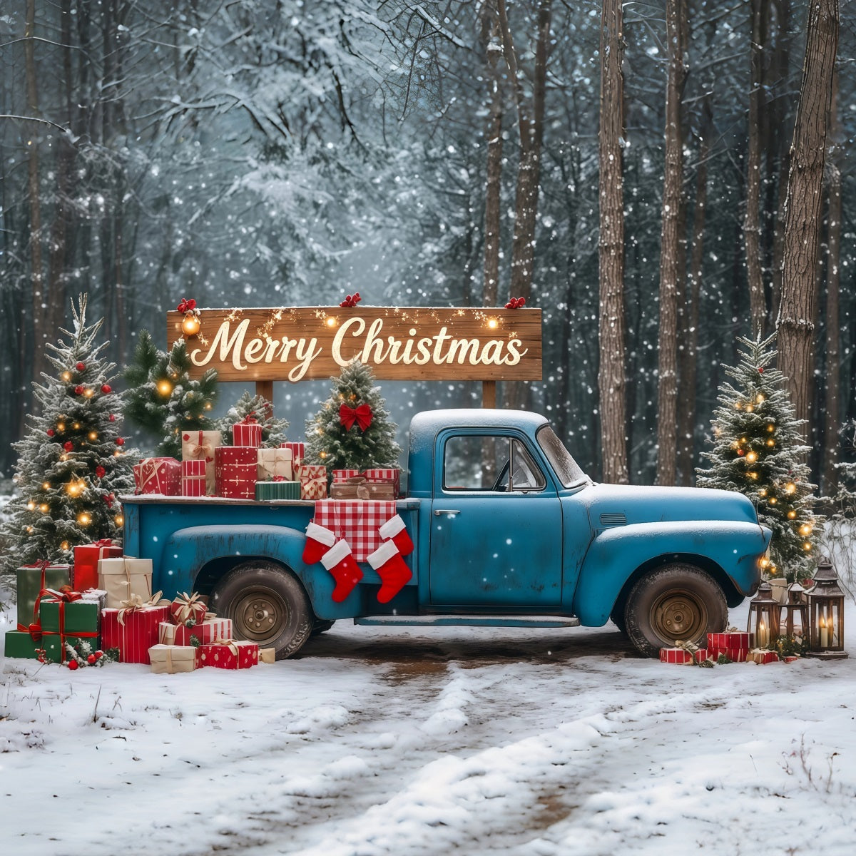 Christmas Forest Backdrop Blue Vintage Gift Truck Photographic Backdrops Christmas UK RR69-90