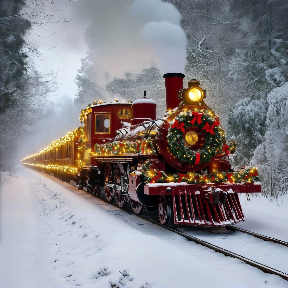 Christmas Train Backdrop Snowy Red Light Train Christmas Backdrops UK RR69-93