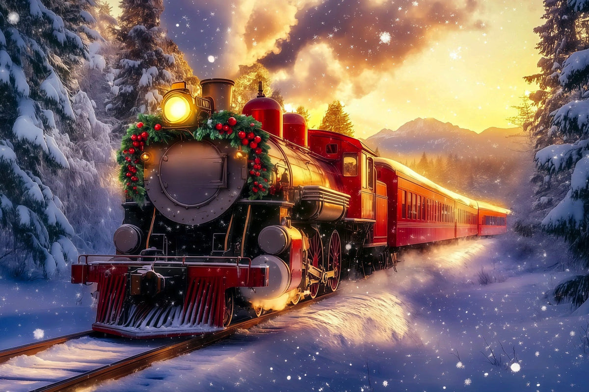 Christmas Train Backdrop Golden Sunset Mountain Train Christmas Photo Backdrop UK RR69-94