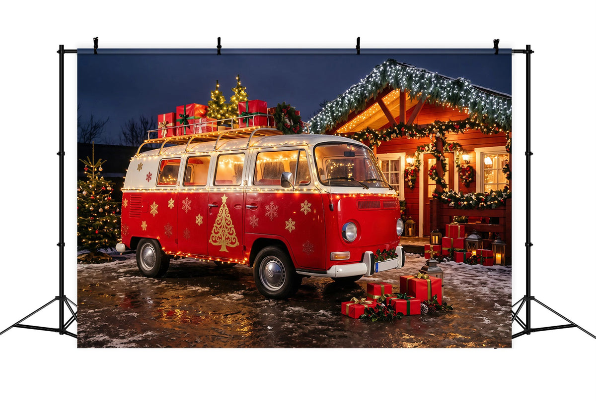 Christmas Camper Photography Backdrop Red Van Cozy Cabin Christmas Photo Backdrops UK RR69-95