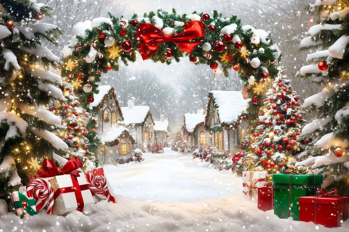 Christmas Village Backdrop Snowy House Garland Arch Professional Christmas Backdrops UK RR69-98