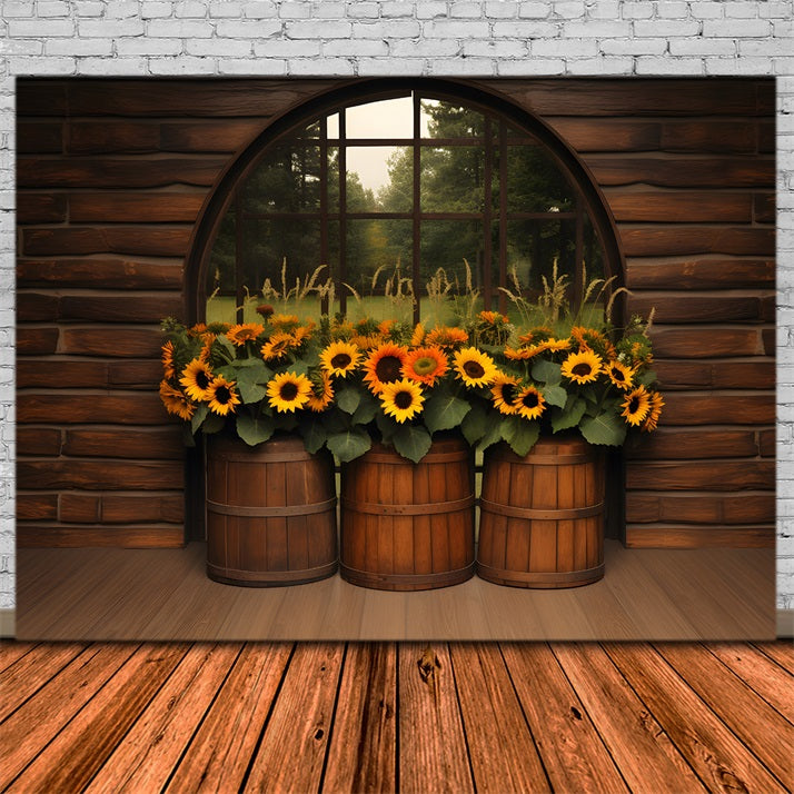 Autumn Barrel Sunflower Display Backdrop UK RR7-342