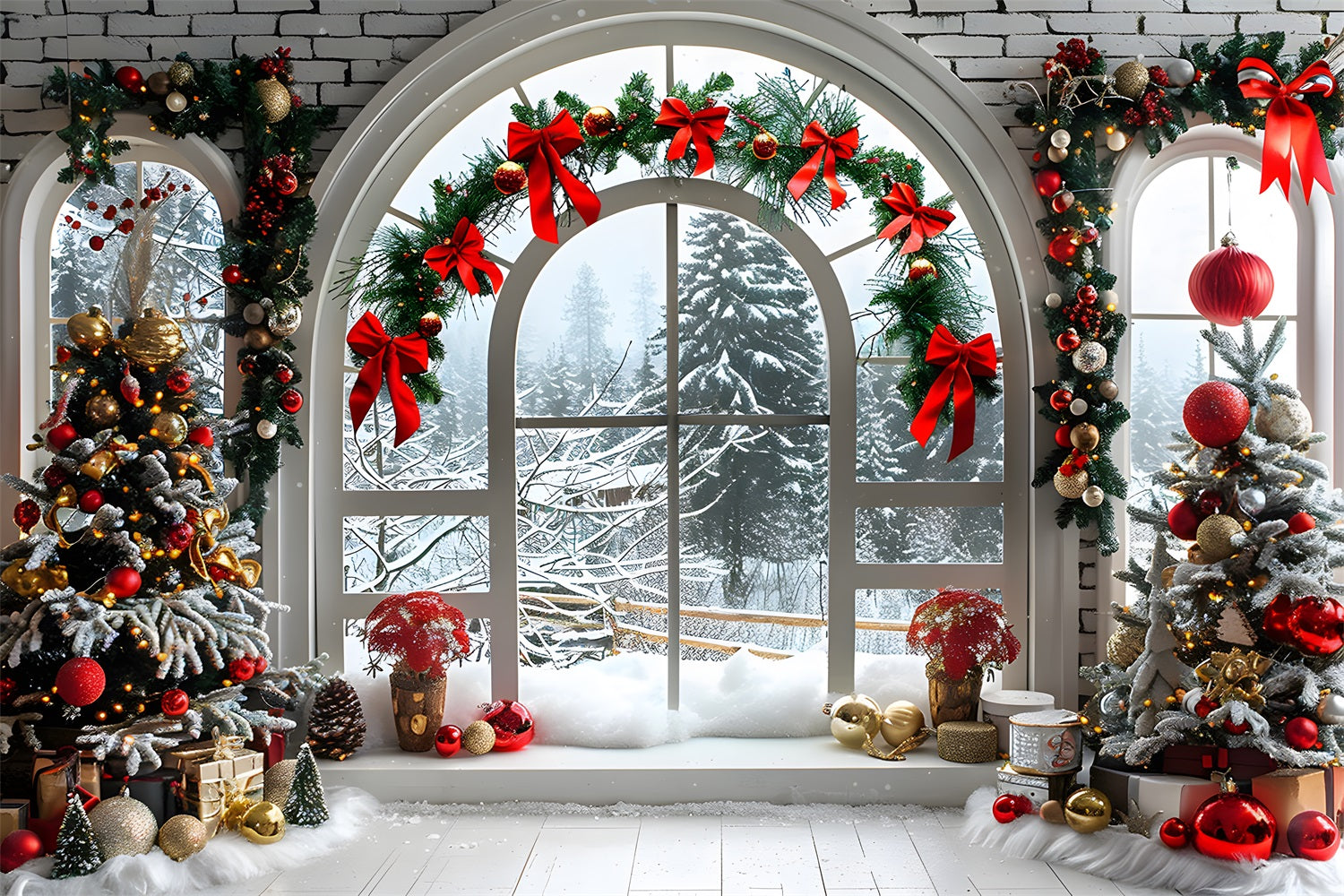 Christmas Arched Window Snowy Landscape Backdrop UK RR7-696