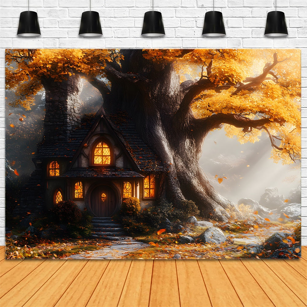 Autumn Maple Tree House Stone Trail Backdrop UK RR9-32