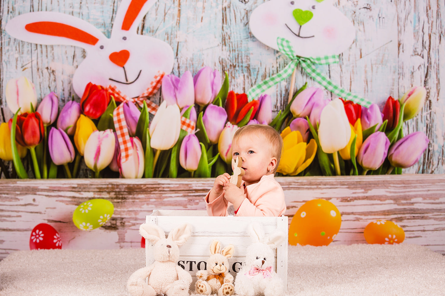 Easter Eggs Bunny Spring Flowers Decorations Backdrop UK for Photo Studio S-897