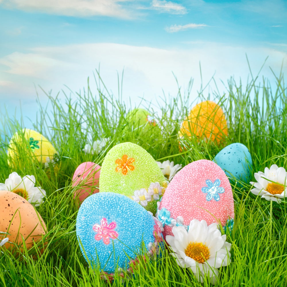 Easter Backdrops Photography Blue Sky Egg Blossoms Backdrop UK TWW3-20