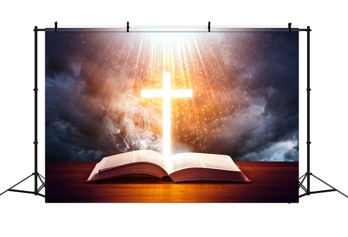 Easter Backdrops Photography Glowing Cross Holy Bible Backdrop UK TWW3-5