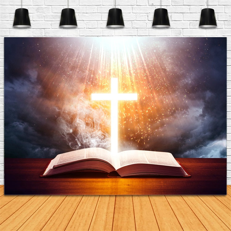 Easter Backdrops Photography Glowing Cross Holy Bible Backdrop UK TWW3-5