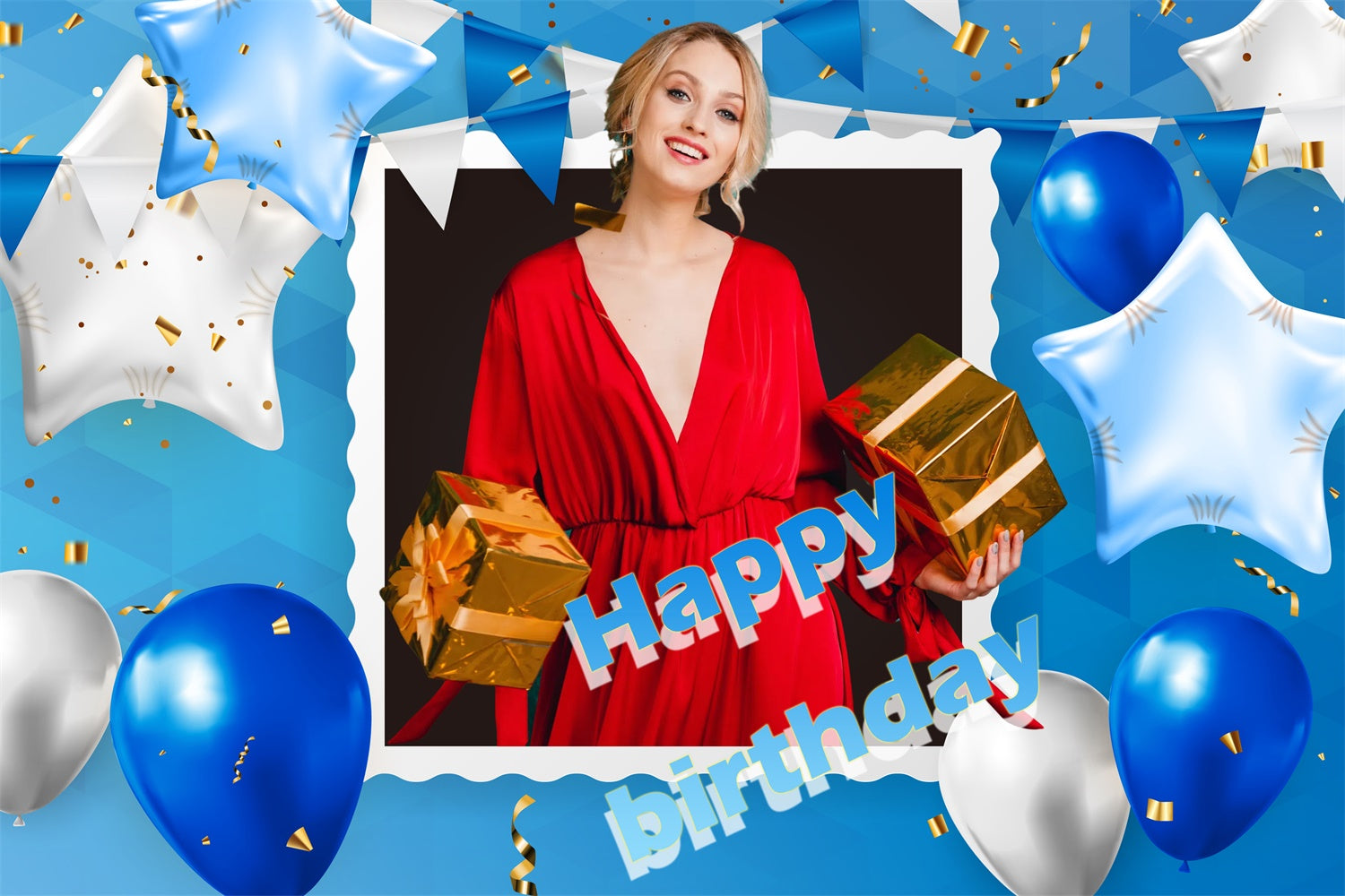 Custom Happy Birthday Backdrop Golden Gift Blue Balloon Backdrop UK TWW3-66