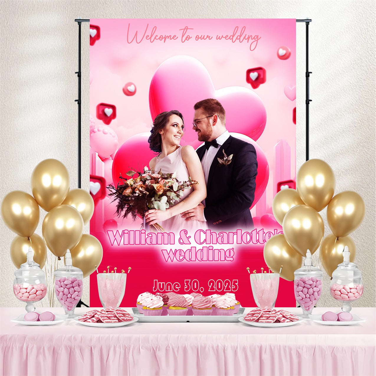 Wedding Backdrop Pink Heart Love Personalized Backdrop UK TWW3-93