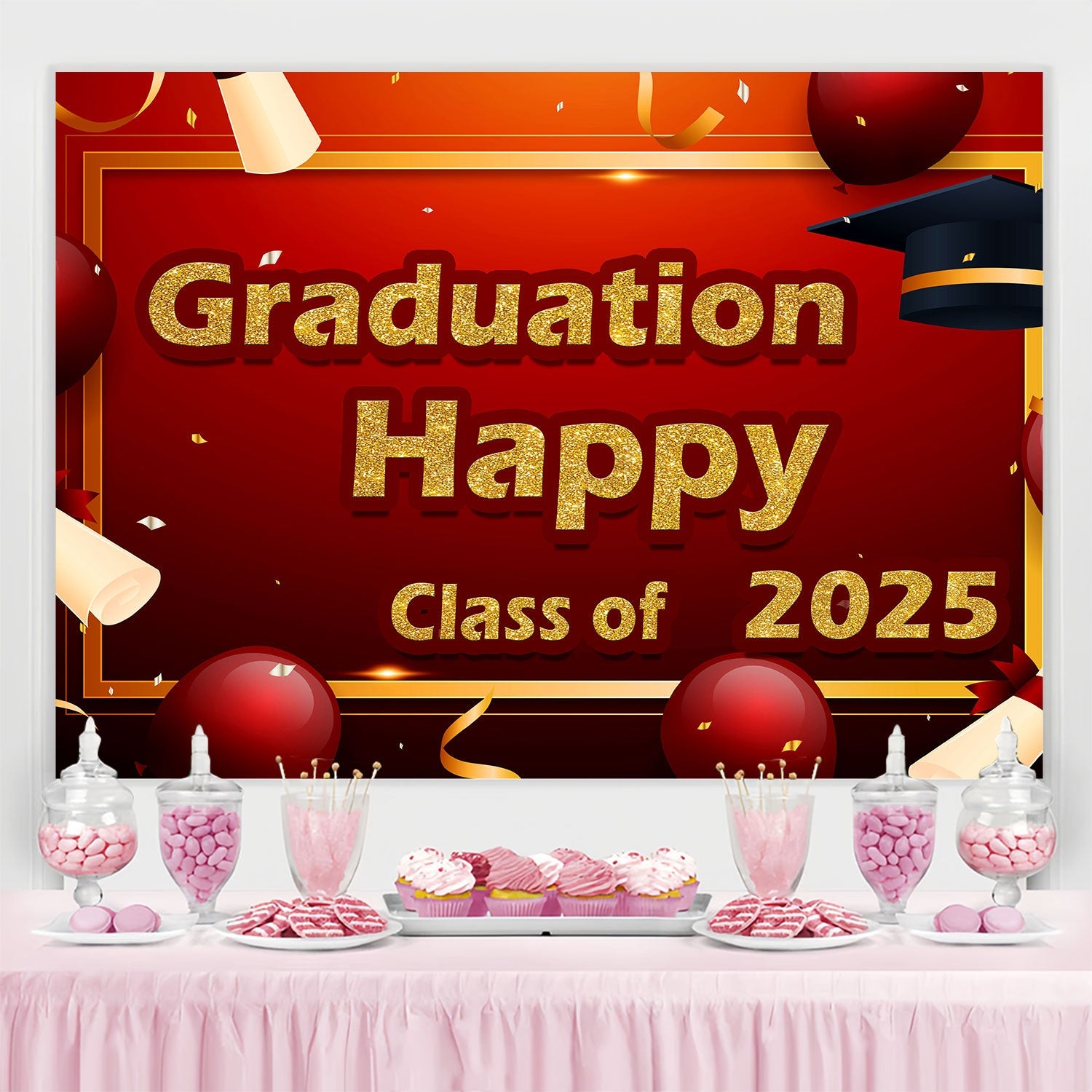 Graduation Backdrop Red Gold Class of 2025 Party Graduation Backdrop UK TWW3-96