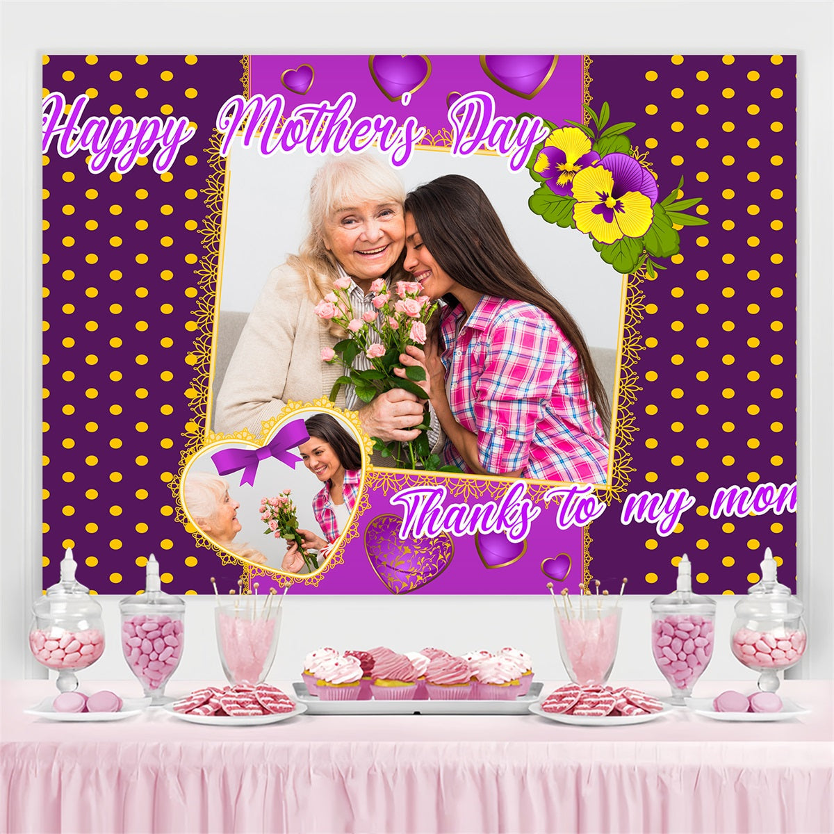 Mothers Day Backdrop Purple Dots Flowers Customized Backdrop UK TWW4-7