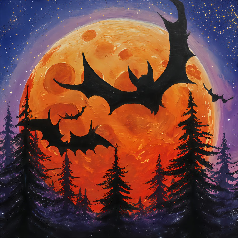 Halloween Moon Backdrop Flying Bats Orange Moon Forest Halloween Backdrops UK TWW510-12
