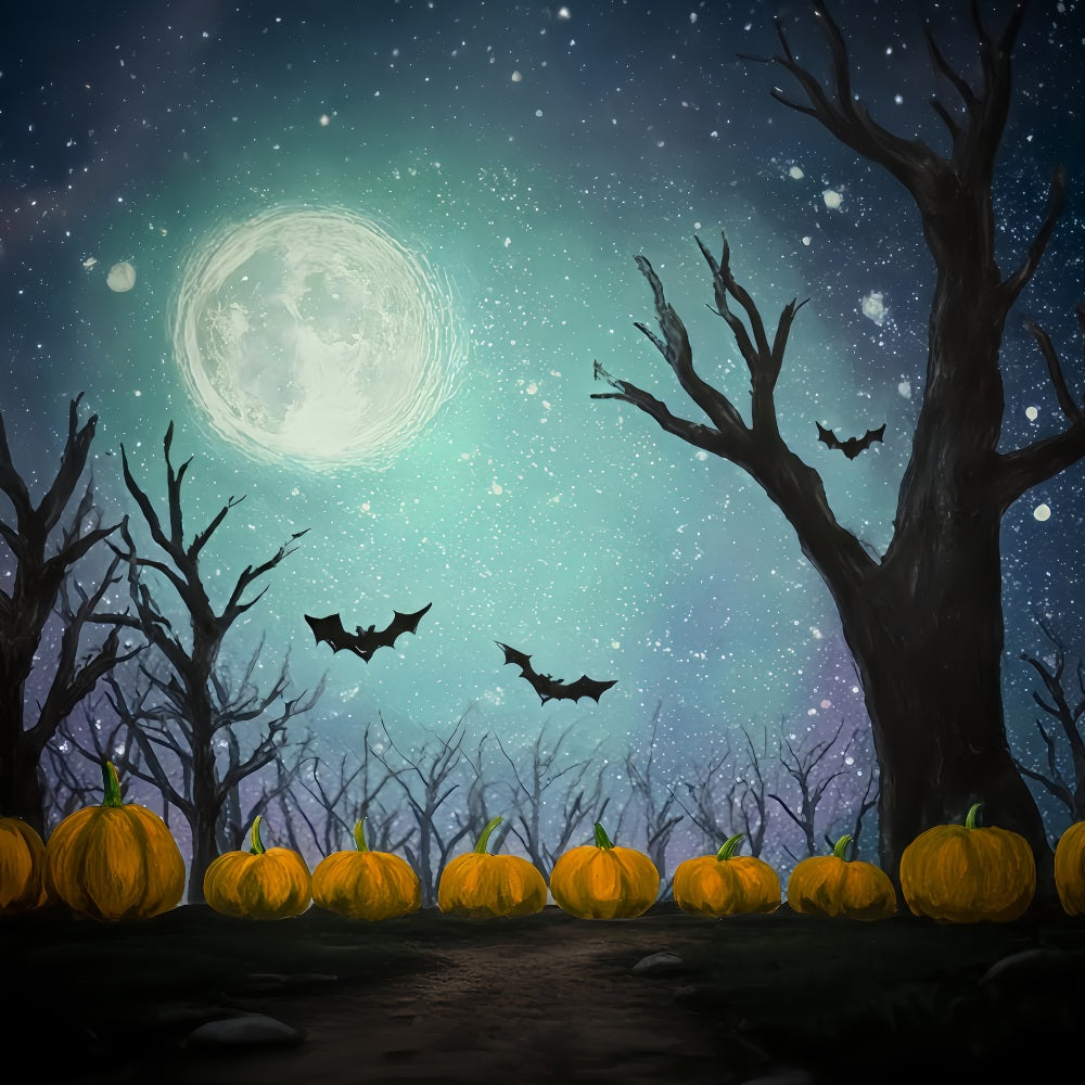 Halloween Moon Backdrop Bats Pumpkins Starry Moonlight Halloween Photo Backdrops UK TWW510-17