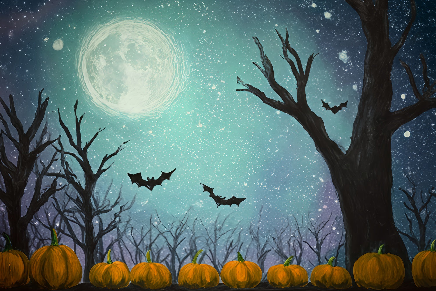 Halloween Moon Backdrop Bats Pumpkins Starry Moonlight Halloween Photo Backdrops UK TWW510-17