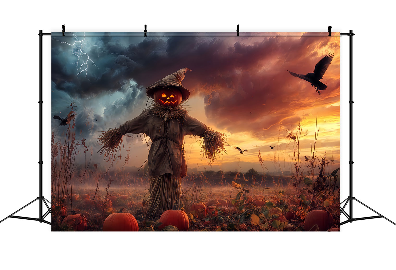 Haunted Forest Backdrop Pumpkin Scarecrow Stormy Field Spooky Halloween Backdrop UK TWW510-18