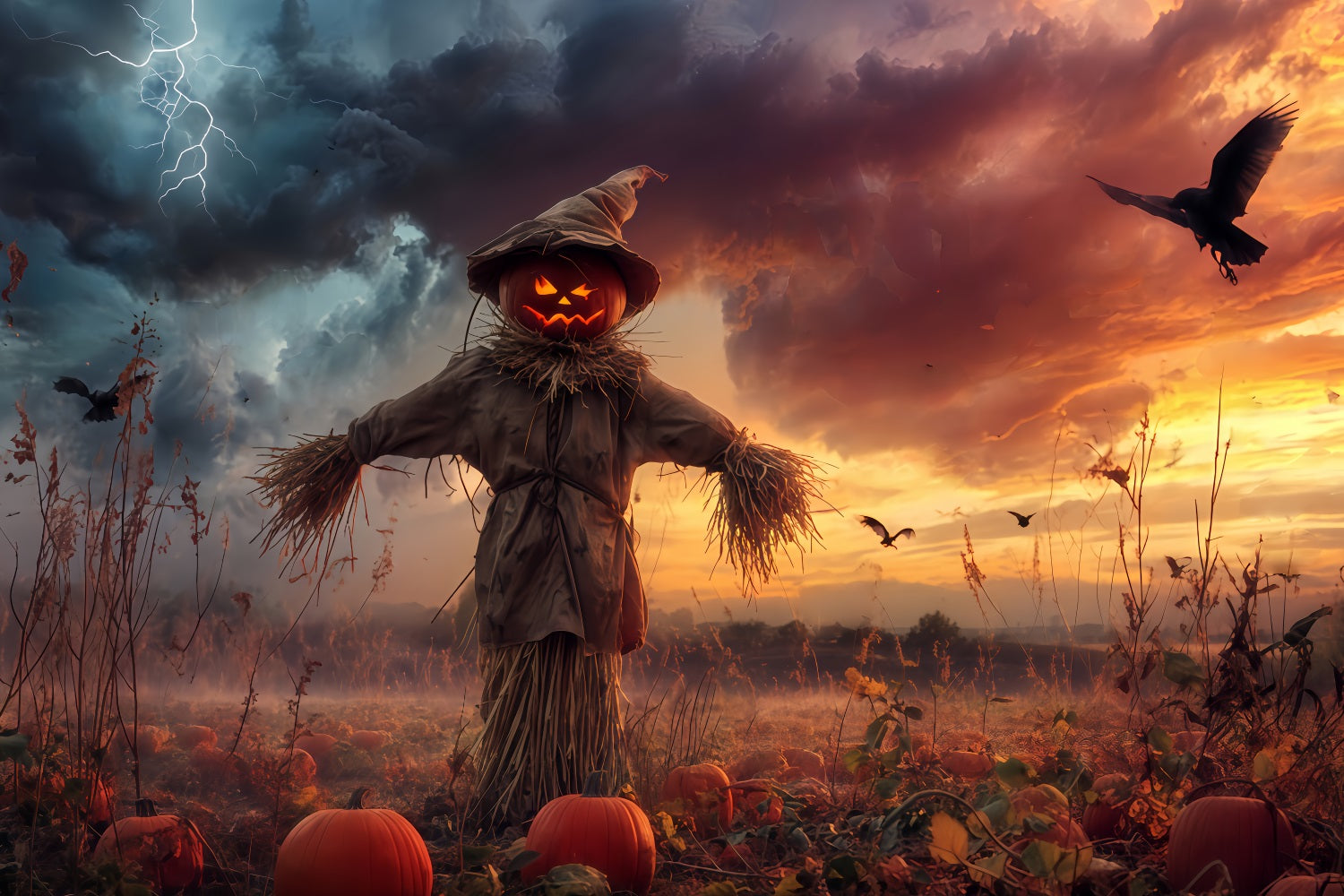 Haunted Forest Backdrop Pumpkin Scarecrow Stormy Field Spooky Halloween Backdrop UK TWW510-18