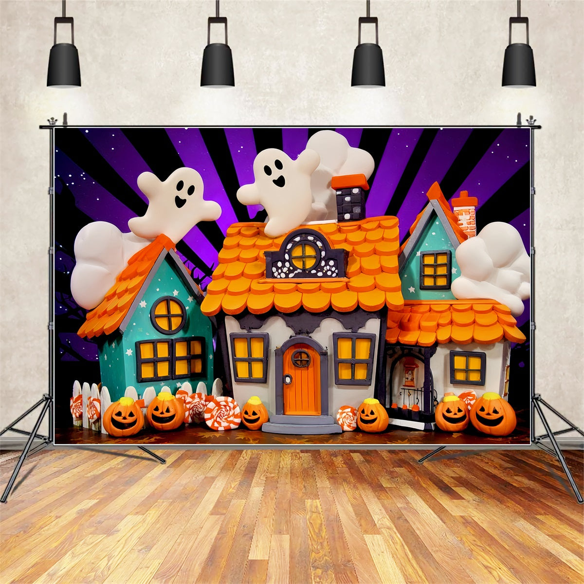 Haunted Mansion Backdrop Cute Ghost Candy Houses Halloween Photography Backdrop UK TWW510-19