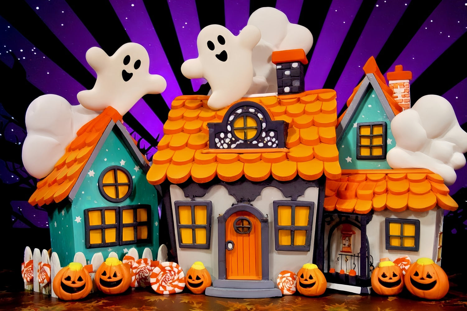 Haunted Mansion Backdrop Cute Ghost Candy Houses Halloween Photography Backdrop UK TWW510-19