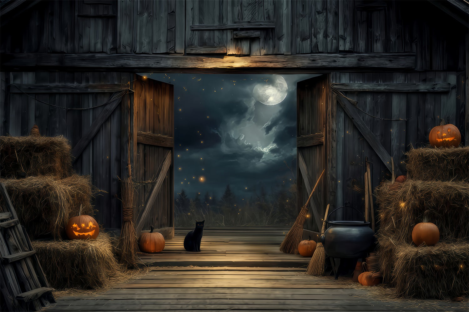 Halloween Color Backdrop Black Cat Barn Moonlight Halloween Backdrop UK TWW510-21