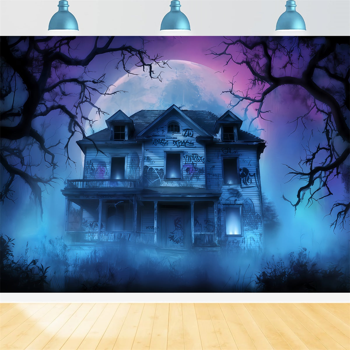 Haunted Mansion Backdrop Abandoned House Fog Night Halloween Backdrop For Photos UK TWW510-24