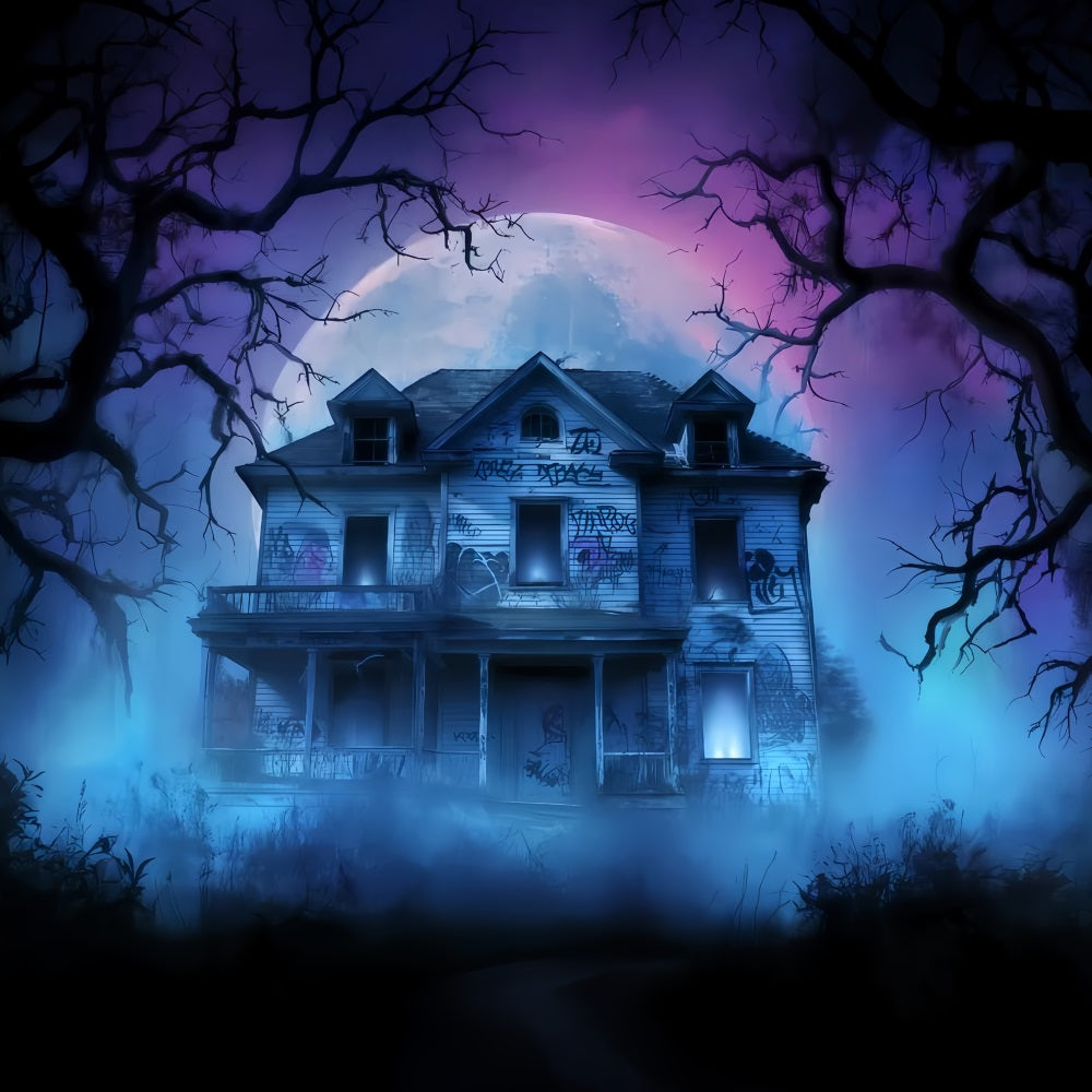 Haunted Mansion Backdrop Abandoned House Fog Night Halloween Backdrop For Photos UK TWW510-24