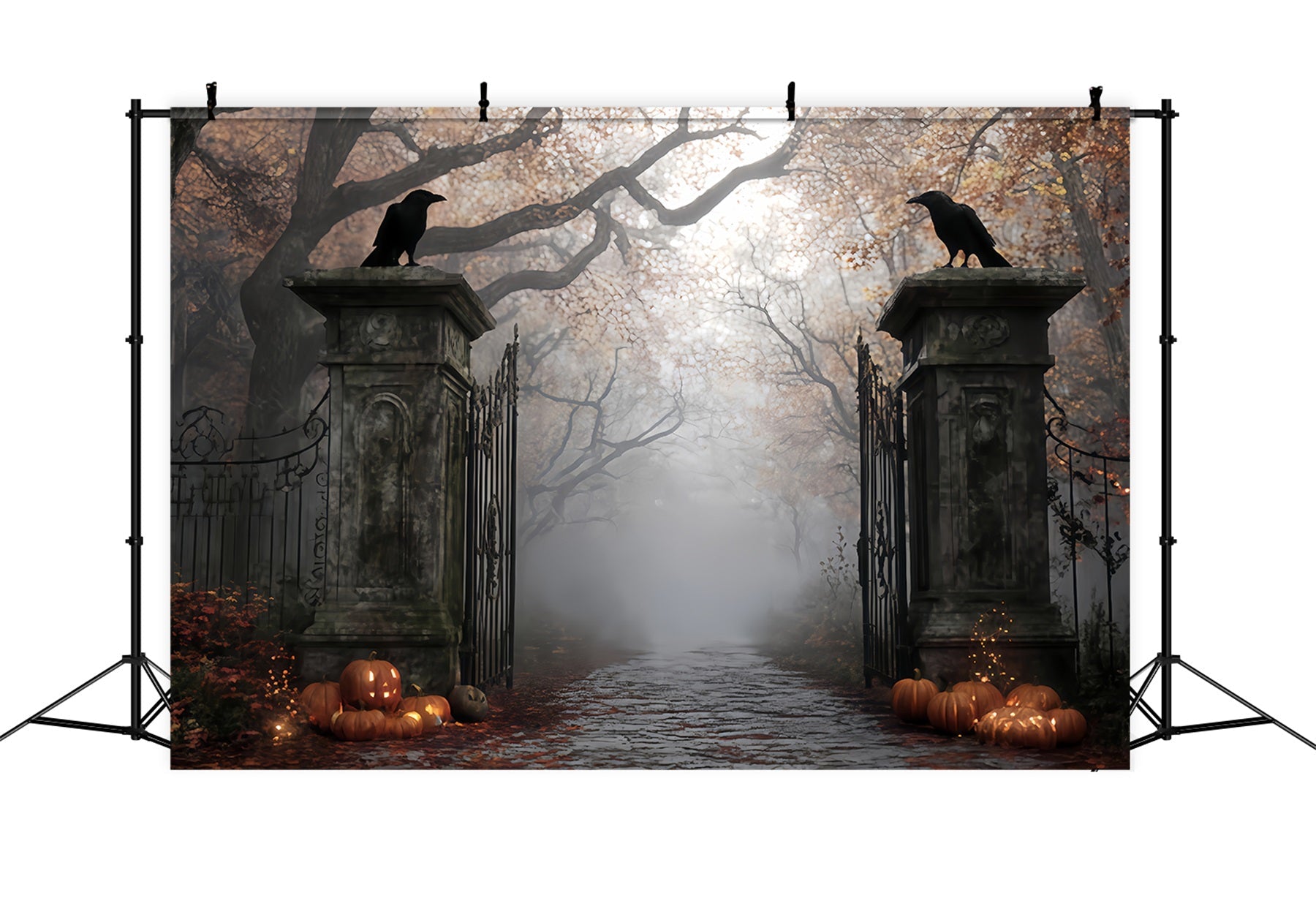 Haunted Forest Backdrop Foggy Graveyard Gate Entrance Halloween Photo Backdrop UK TWW510-3