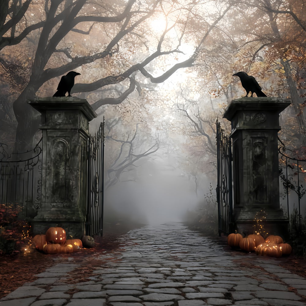 Haunted Forest Backdrop Foggy Graveyard Gate Entrance Halloween Photo Backdrop UK TWW510-3