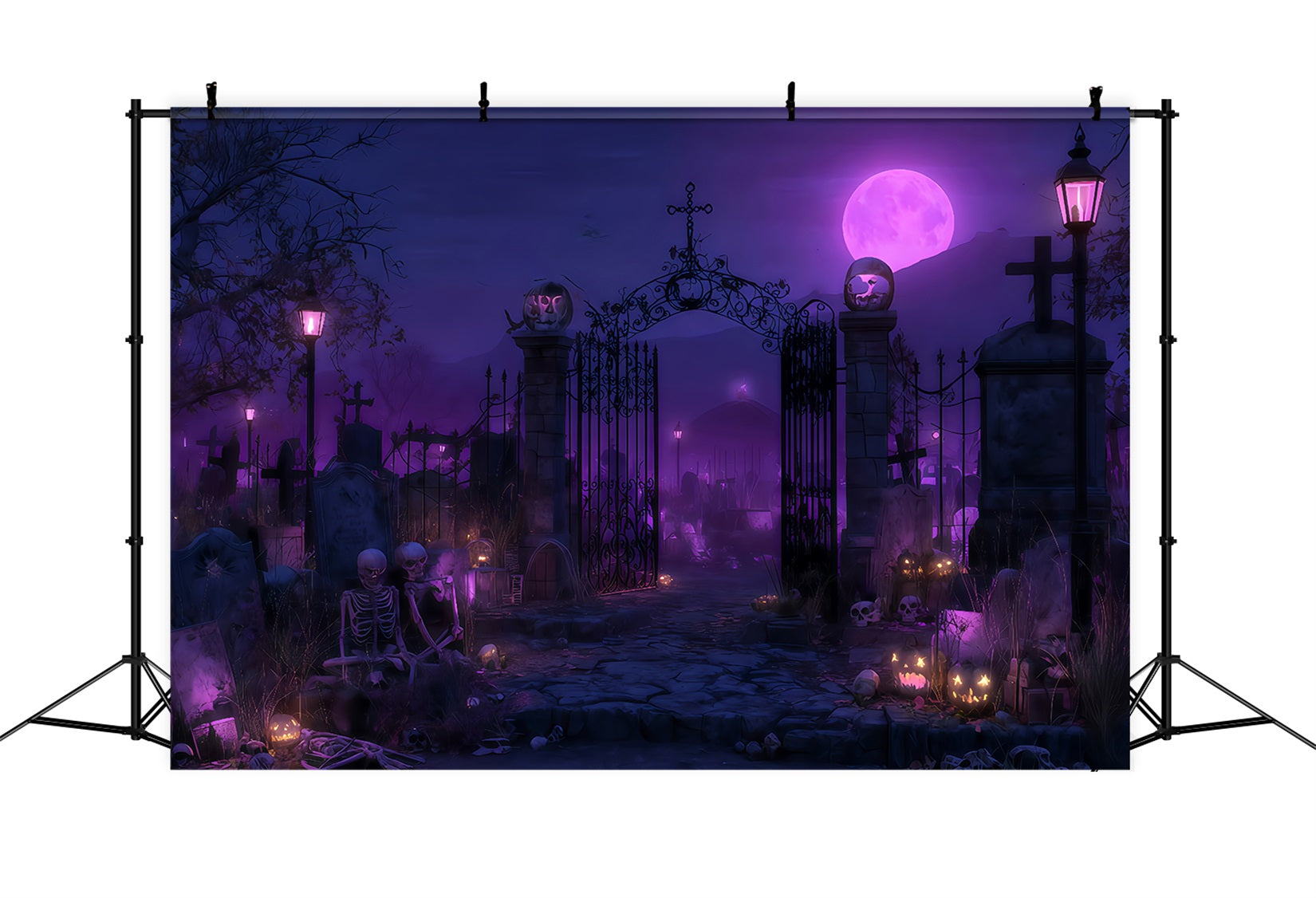 Halloween Ghost Backdrop Purple Moon Graveyard Gate Halloween Photography Backdrop UK TWW510-49