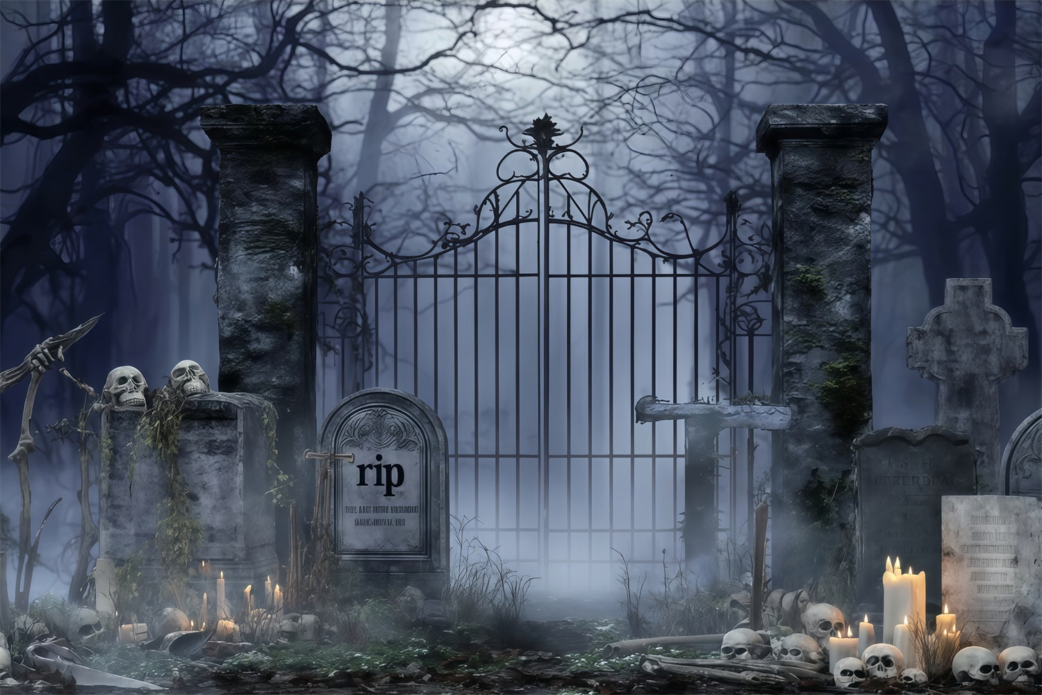 Graveyard Backdrop Spooky Cemetery Candles Halloween Backdrop For Photos UK TWW510-4