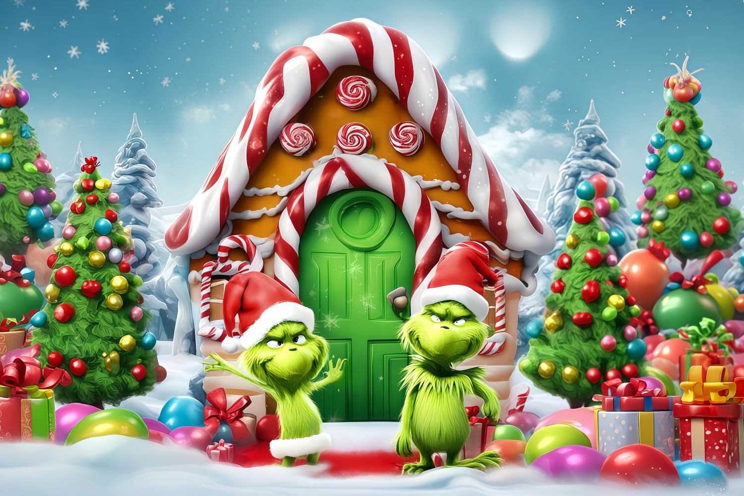 Grinch Photo Backdrop Candy House Grinch Funland Christmas Backdrops UK TWW510-51