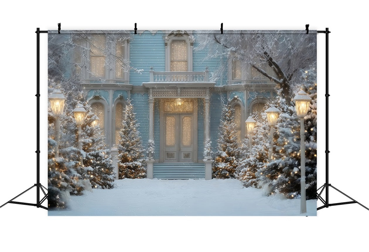 Christmas Tree Backdrop Snowy Blue Winter Mansion Christmas Backdrop Ideas UK TWW510-55