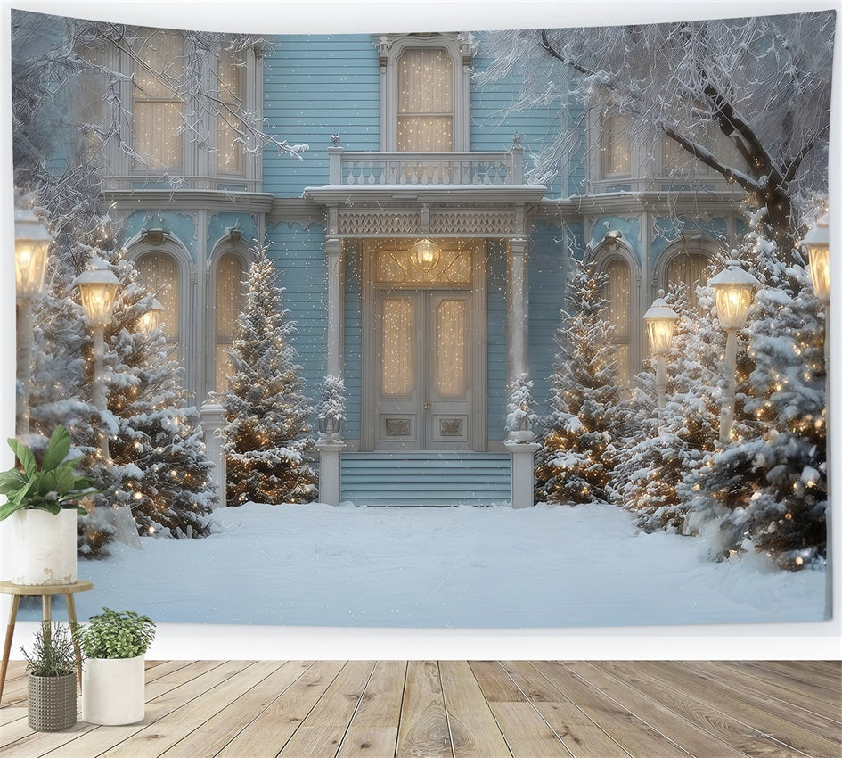 Christmas Tree Backdrop Snowy Blue Winter Mansion Christmas Backdrop Ideas UK TWW510-55