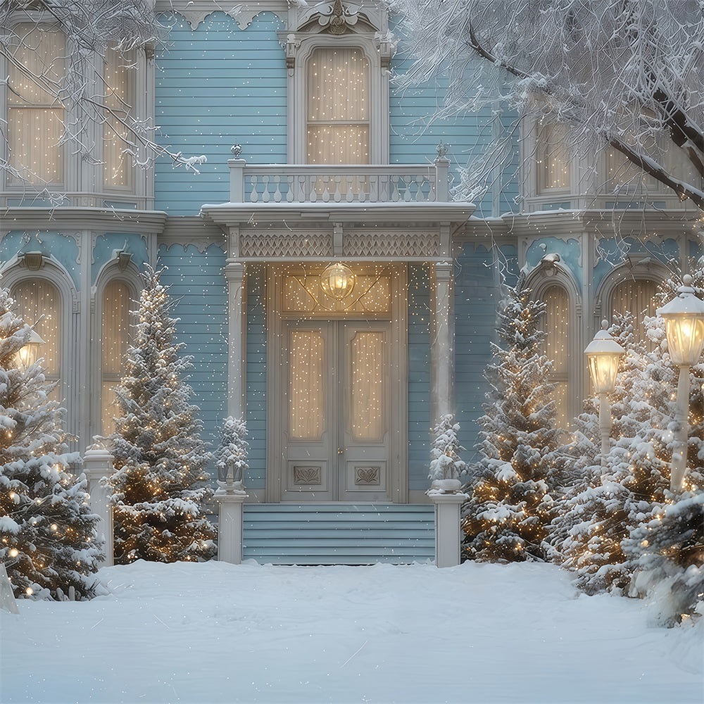 Christmas Tree Backdrop Snowy Blue Winter Mansion Christmas Backdrop Ideas UK TWW510-55