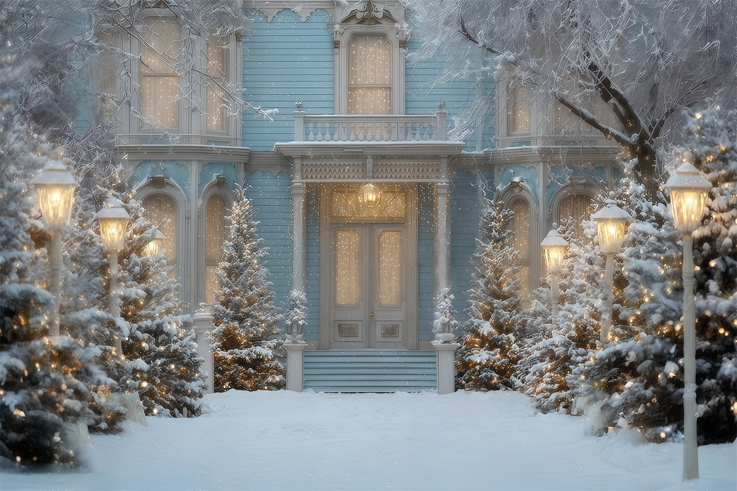 Christmas Tree Backdrop Snowy Blue Winter Mansion Christmas Backdrop Ideas UK TWW510-55