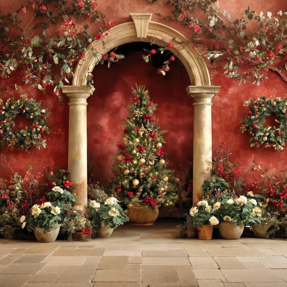 Christmas Tree Backdrop Red Arch Garden Elegance Christmas Photo Backdrops UK TWW510-59