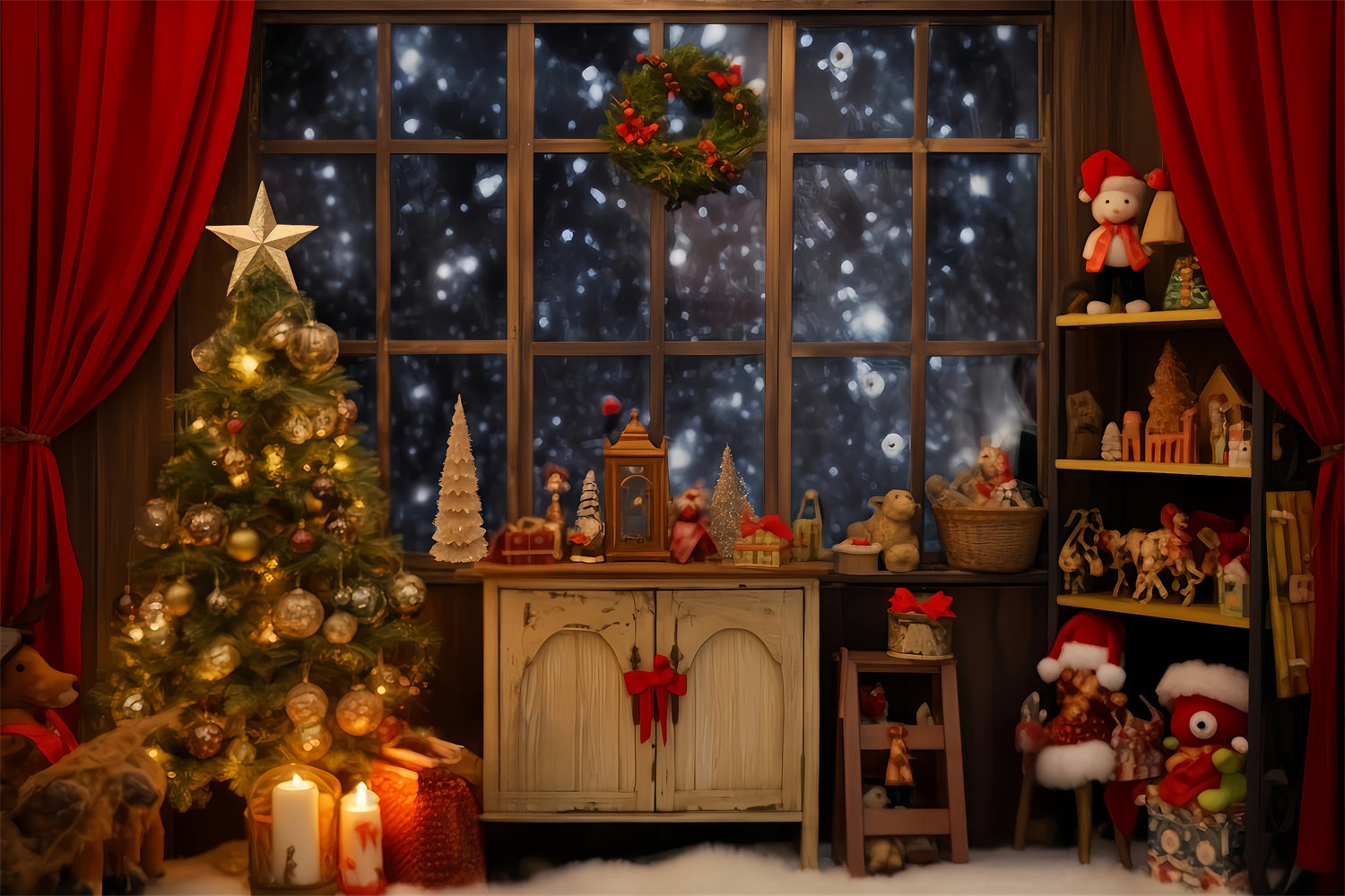 Santa Workshop Backdrop Cozy Window Toy Corner Christmas Backdrop Ideas UK TWW510-61