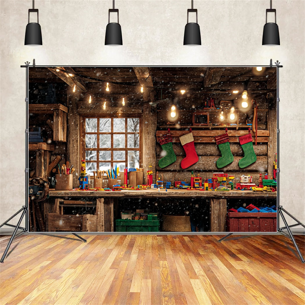 Santa's Workshop Backdrop Wood Cabin Toy Bench Christmas Backdrop UK TWW510-64