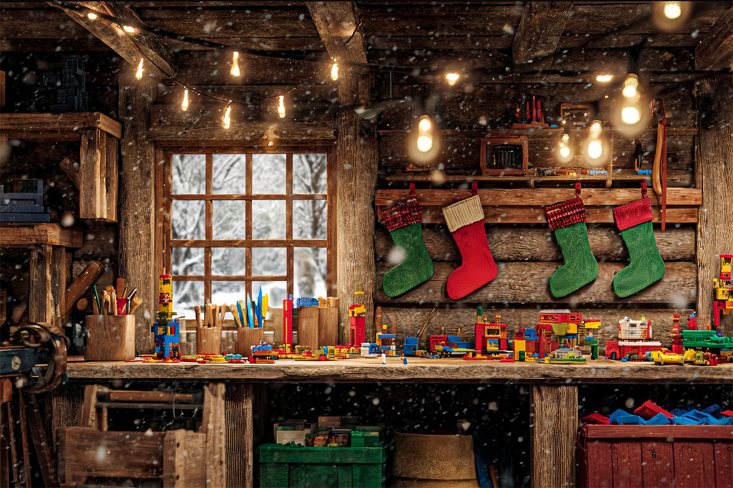 Santa's Workshop Backdrop Wood Cabin Toy Bench Christmas Backdrop UK TWW510-64
