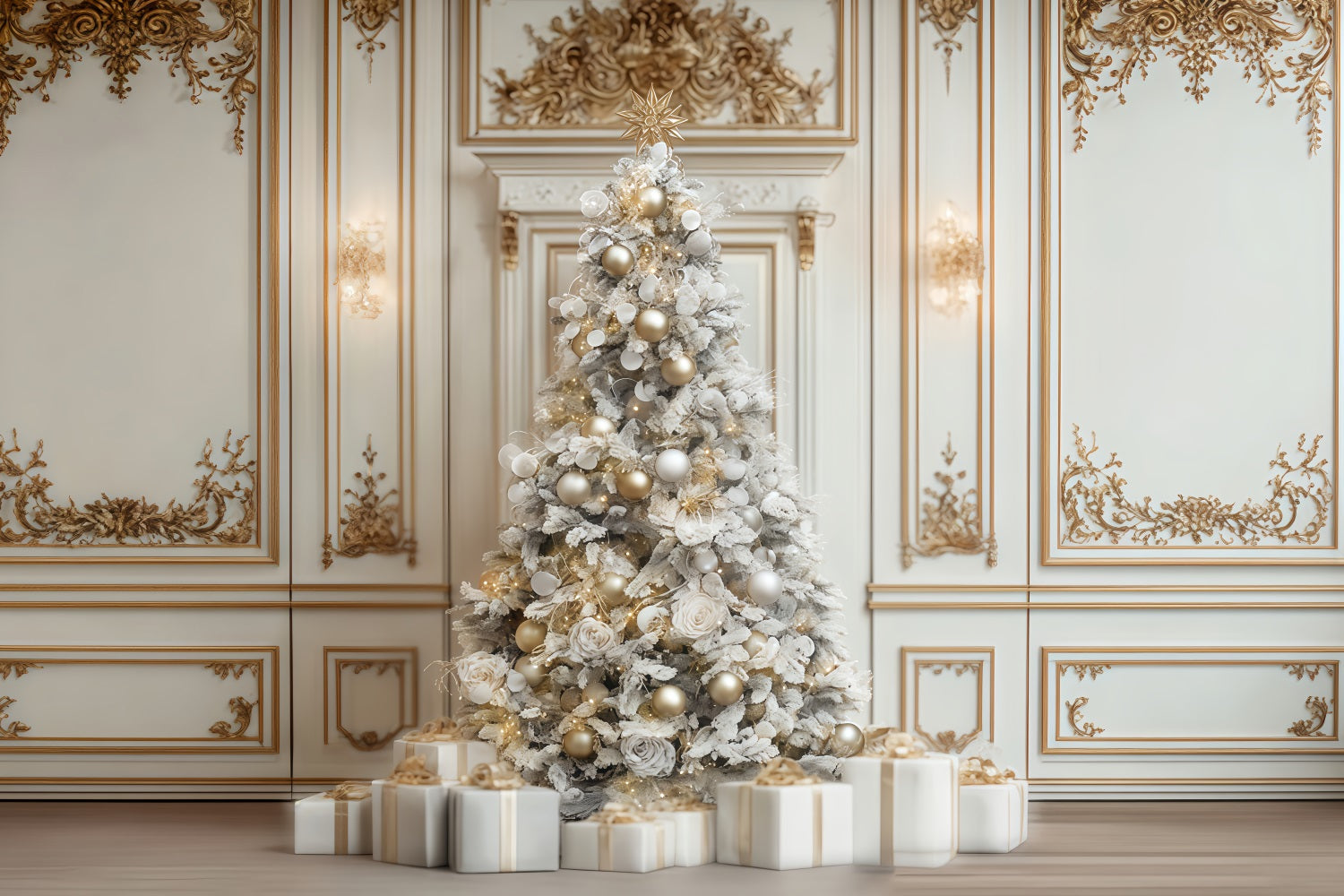 Christmas Wall Backdrop White Gold Elegant Tree Christmas Photo Backdrop UK TWW510-66