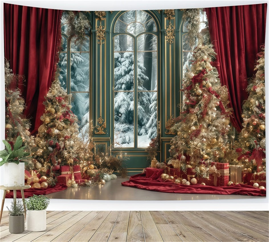Christmas Tree Backdrop Red Curtain Winter Palace Christmas Photo Backdrops UK TWW510-67