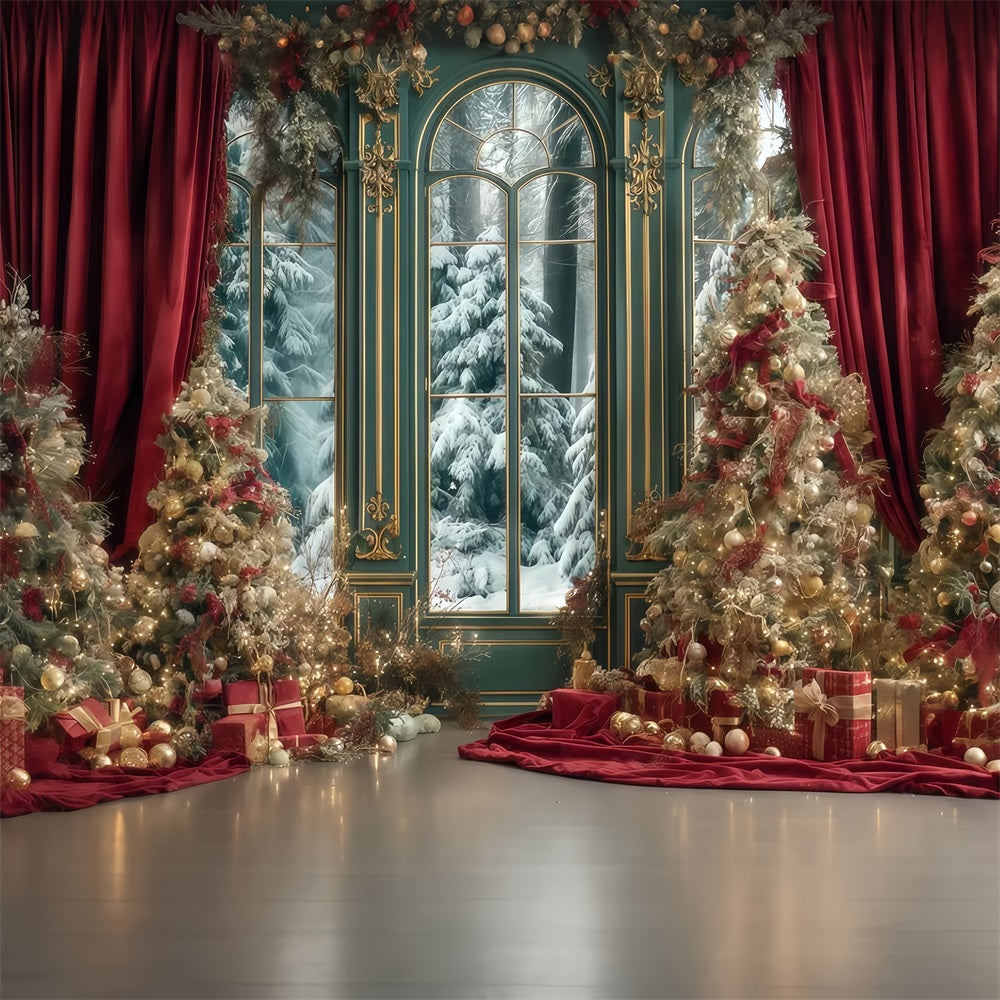 Christmas Tree Backdrop Red Curtain Winter Palace Christmas Photo Backdrops UK TWW510-67