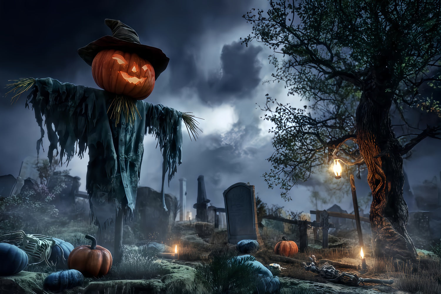Graveyard Backdrop Pumpkin Scarecrow Spooky Field Halloween Backdrops For Photos UK TWW510-6