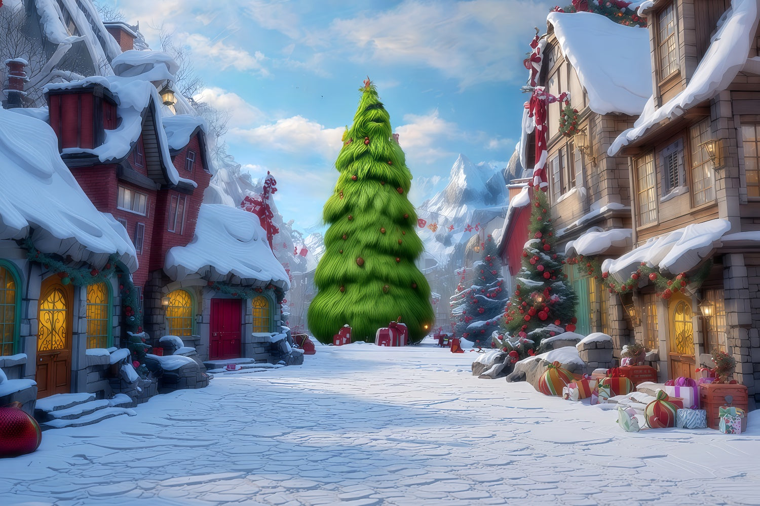 Grinch Backdrops Whoville Snowy Village Street Christmas Backdrops UK TWW510-73